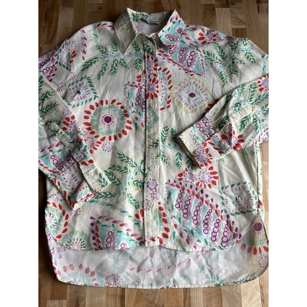 Zara Women's Long Sleeve Button Up Collared Blouse Linen Colorful Print S